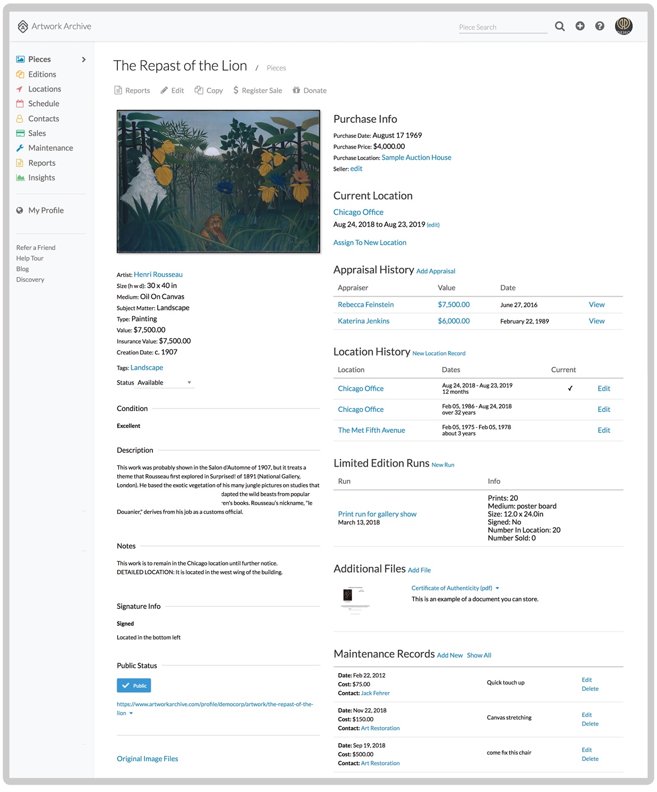 Artwork Archive collector interface for protecting art collection