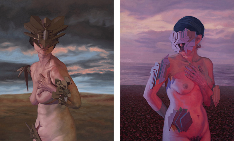 Two paintings of women with masks covering their faces