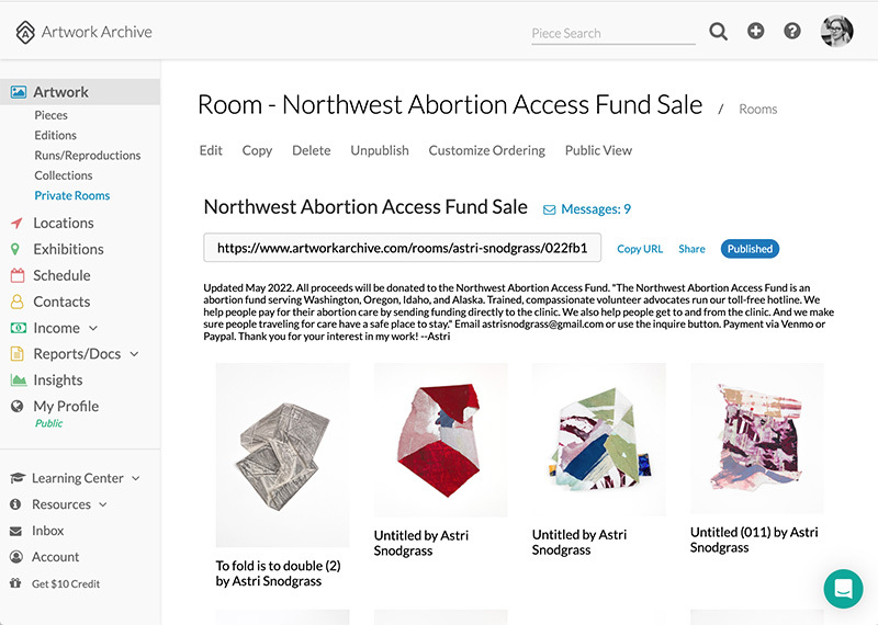 A website showing an artist’s fundraiser