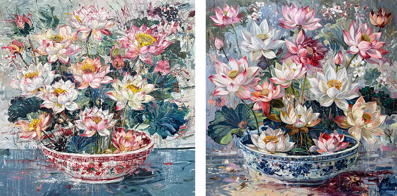 Two paintings of flowers in bowls