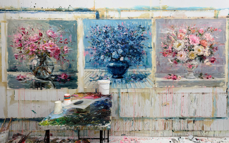 Three paintings of flowers in vases in a studio