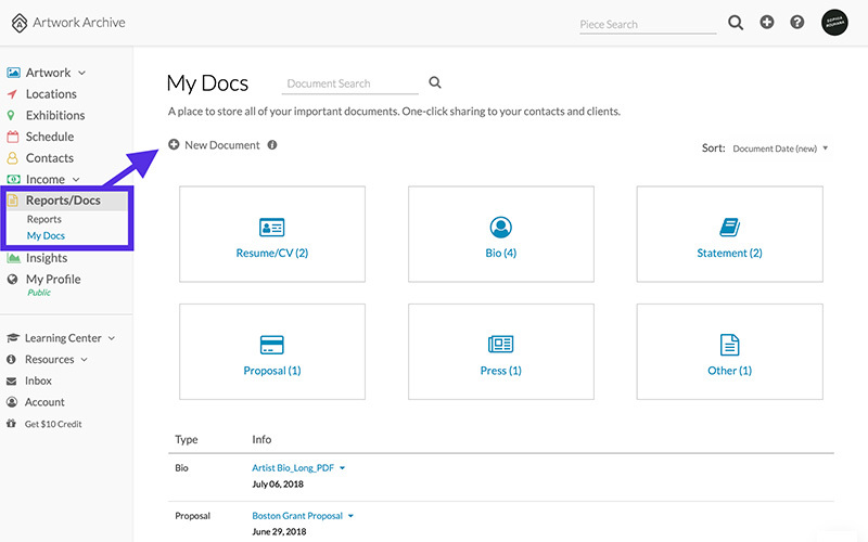 Artwork Archive's My Docs feature