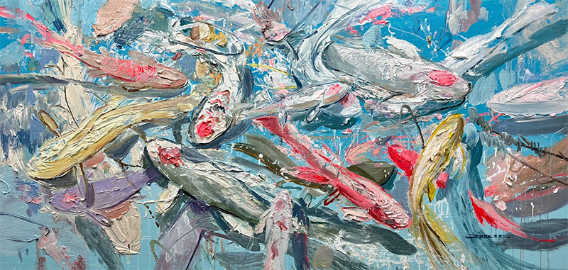 A painting of koi fish