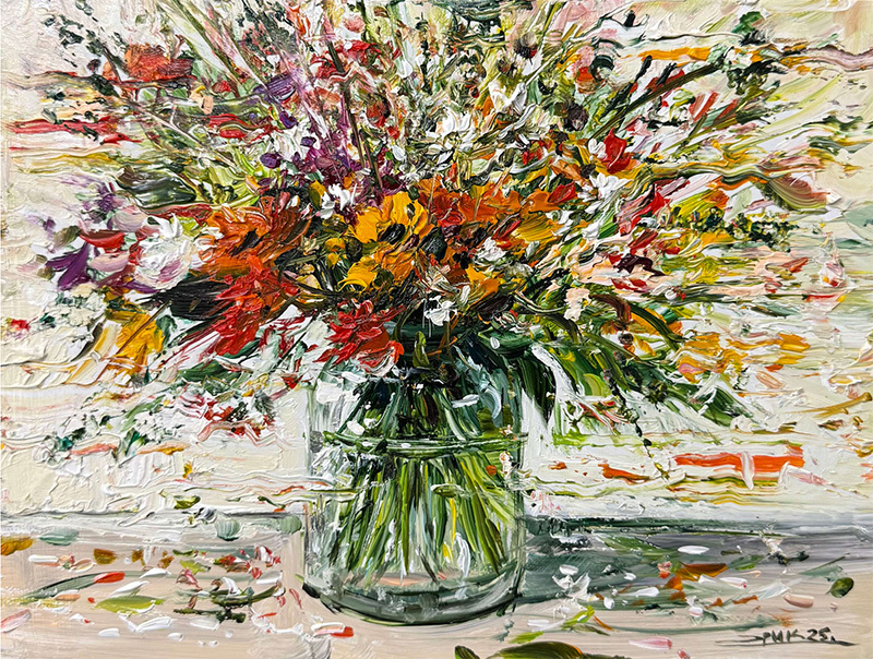 A painting of flowers in a vase