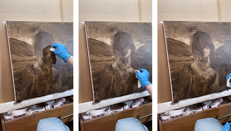 A brown painting on an easel