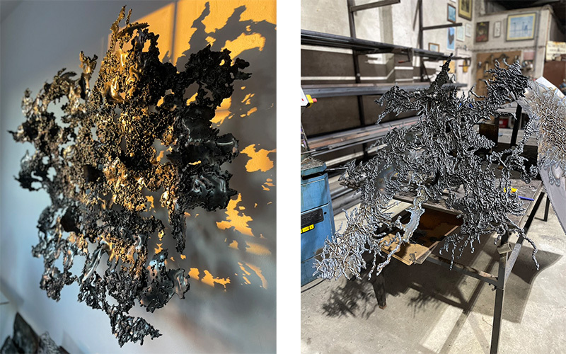 A side by side display of two welded artworks