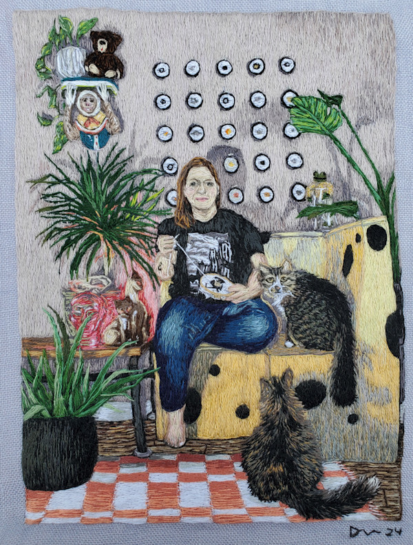 Self-Portrait with Cats by Darci Lenker