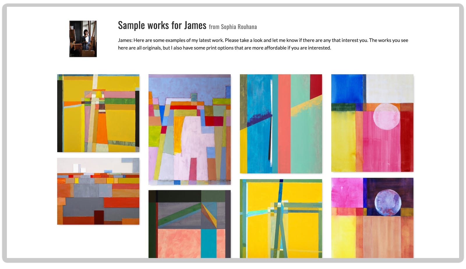 Private room interface showing curated artwork collection