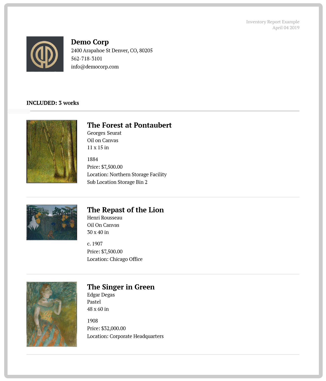 Estate planning inventory report for art collection