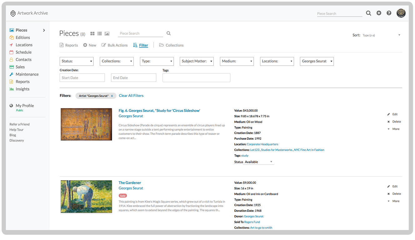 Organized art collection interface for collectors
