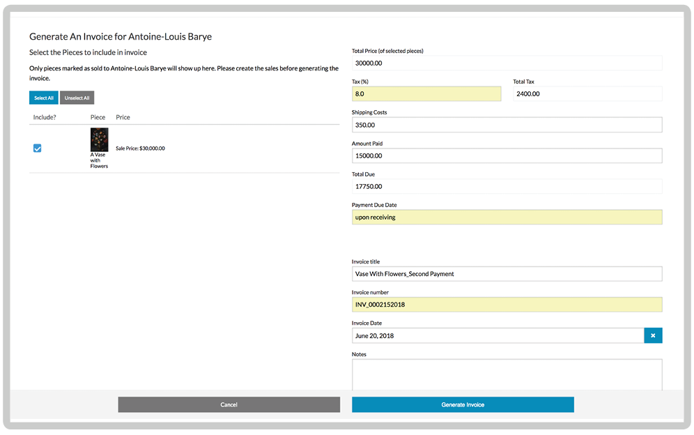 Collector sales and invoicing interface
