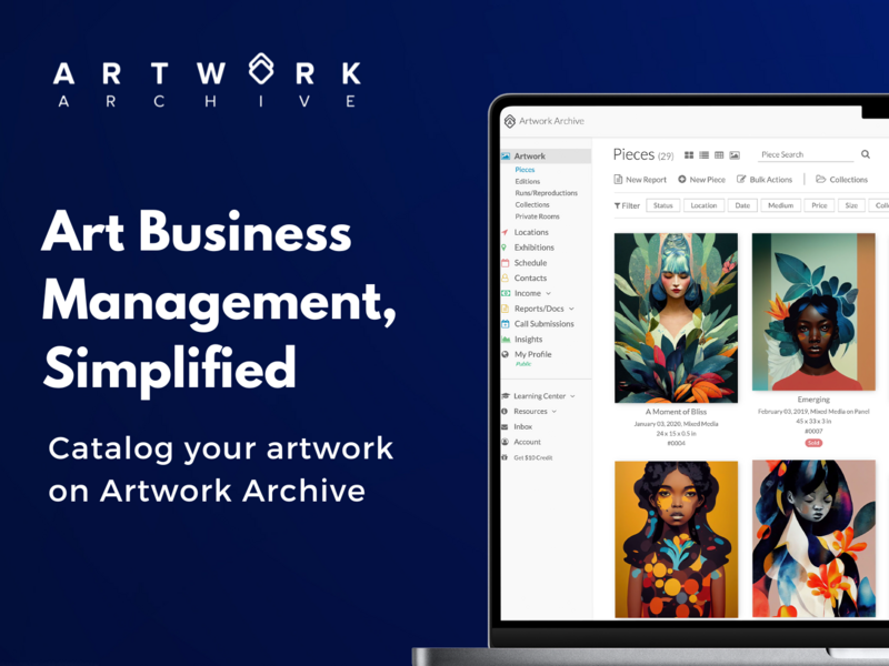 art business management simplified, catalog your artwork with Artwork Archive written on a blue background next to a computer screen displaying an art database with artwork images