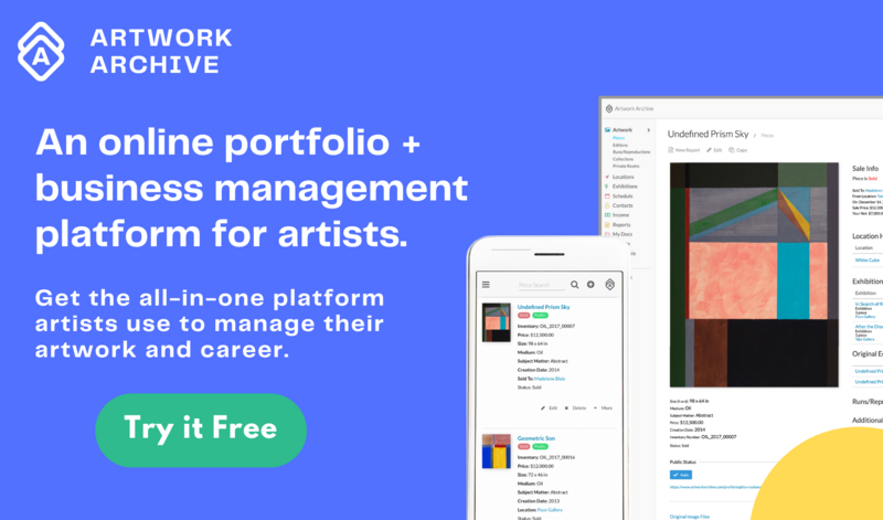 Purple graphic with screenshots of Artwork Archive's system. White text reads: Artwork Archive: An online portfolio + business management platform for artists. Get the all-in-one platform artists use to manage their artwork and career. Green button that says Try it Free leads to Artwork Archive's main sign up page.