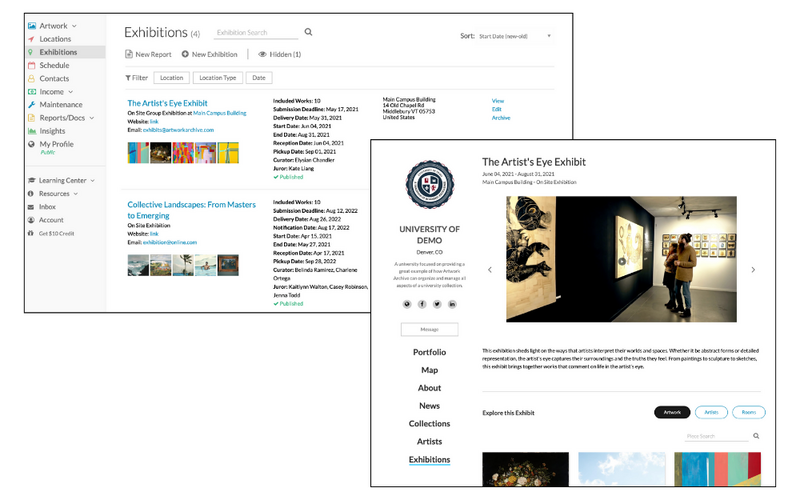 Two screenshots side by side showing Artwork Archive's internal exhibition planning tool and the Exhibition page on a Public Profile.