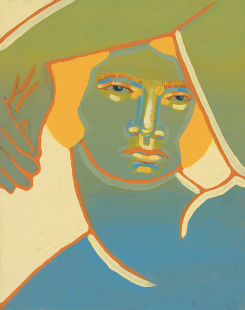 Shelby Little, Eos, 10 x 8 x 1.5 in. A myth-inspired portrait painting featuring a stylized female figure with golden yellow hair and piercing blue eyes, outlined in vivid orange. Set against a backdrop of soft greens and blues, the figure’s expression is contemplative, with abstract lines and shapes evoking dawn and renewal—fitting for the Greek goddess Eos. The piece reflects Little’s signature blend of classical reference and contemporary colorwork.