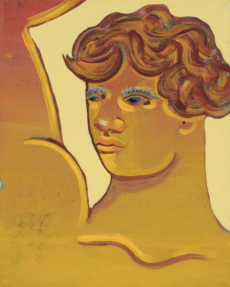 Shelby Little, Helios, 10 x 8 x 1.5 in. A vibrant portrait painting featuring a stylized male figure with expressive blue eyes and bold, swirling hair. Rendered in warm golden tones with red and orange accents, the work draws inspiration from Greco-Roman mythology and embodies Little’s signature fusion of the mythic and the modern.