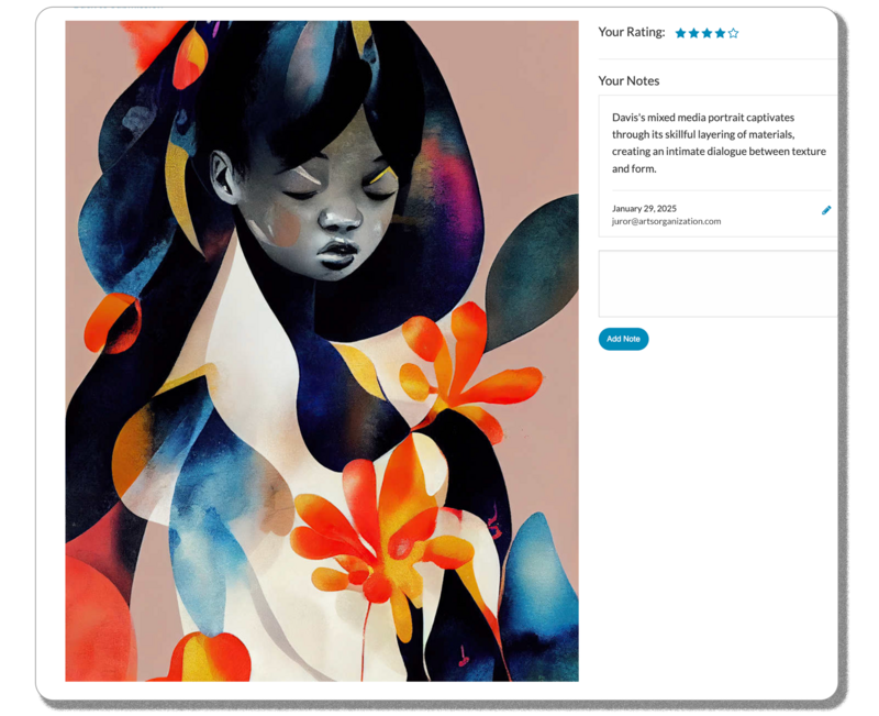 A juror view of an artist submission showing a colorful portrait artwork on the left and a rating system, notes section, and juror comments on the right.
