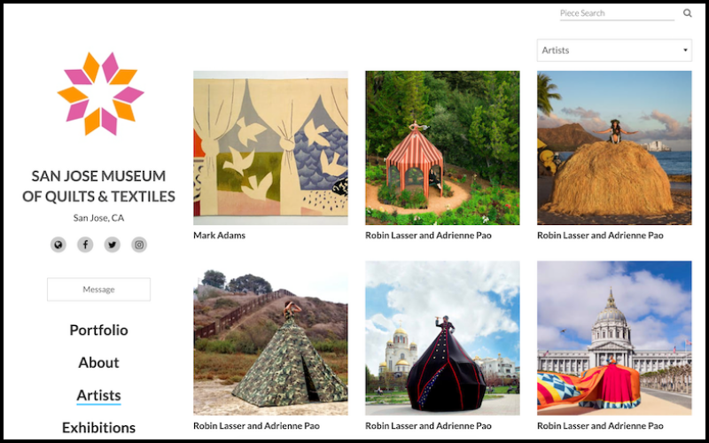 Screenshot of the San Jose Museum of Quilts & Textiles' public Artwork Archive profile, displaying the museum logo, navigation menu, and a grid of featured artworks by artists including Mark Adams and Robin Lasser with Adrienne Pao.          Ask ChatGPT